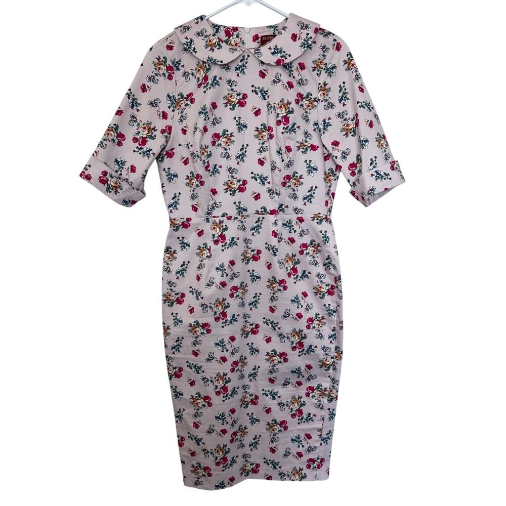 British Retro Pale Pink Floral Pencil Dress Size 12UK Peter Pan Collar 50s Style
